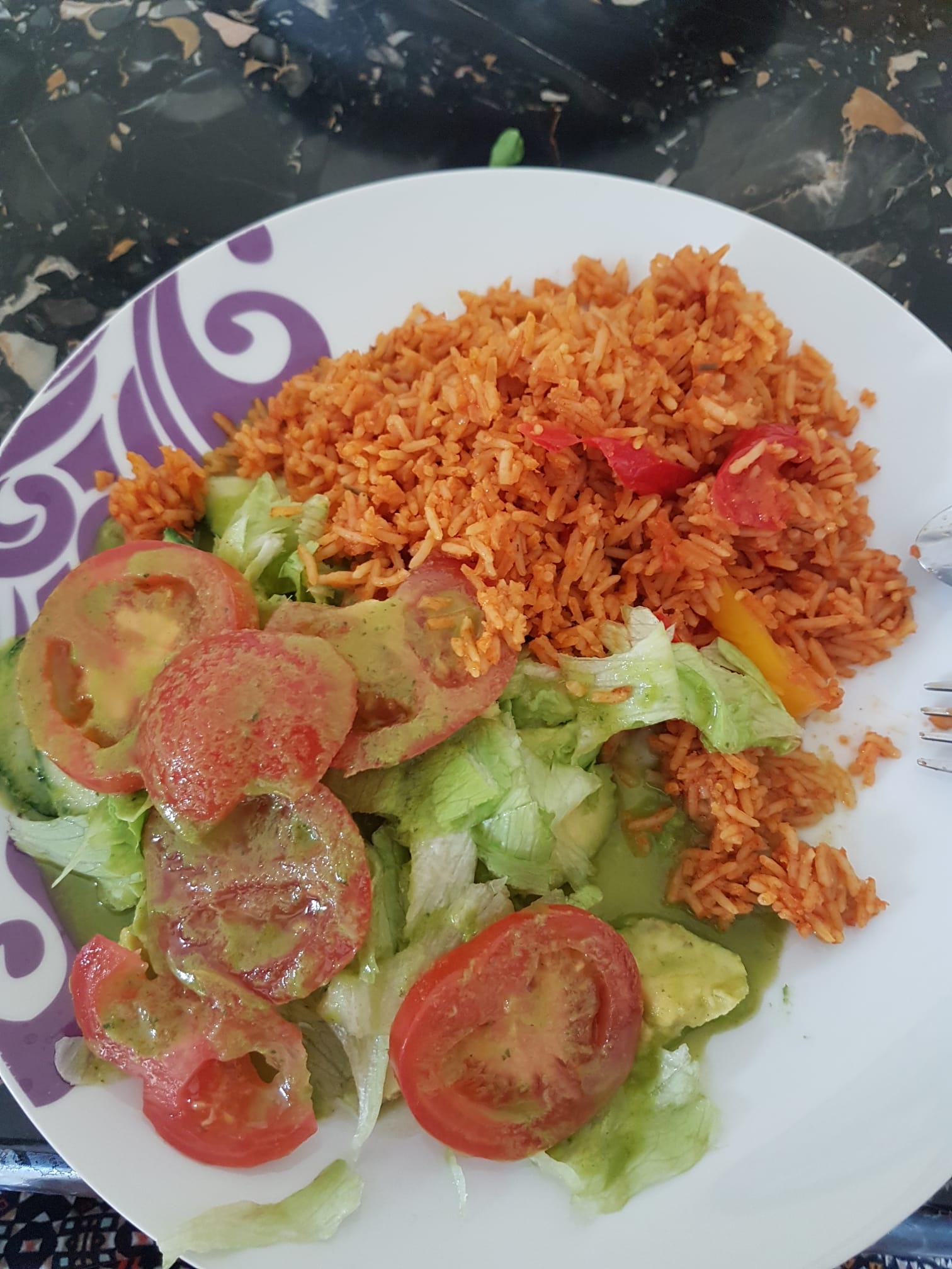 Jollof Rice, Salad with homemade salad dressing